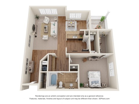 3D Floor Plan of a 1-bedroom apartment with bathroom at 10x Audubon Apartments in Daphne, AL